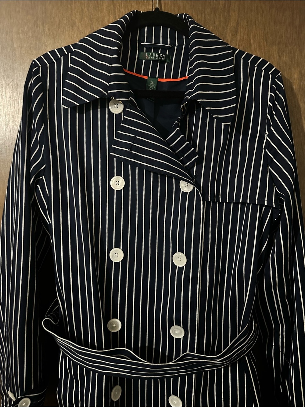 Lauren Ralph Lauren Navy White Stripes 100% Cotton Belted Trench Pea Coat Sz XL - Picture 3 of 14